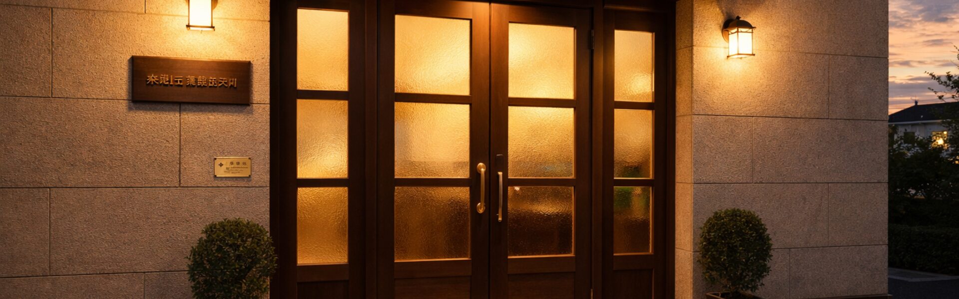 事務所の入口、暖色照明と木の看板
