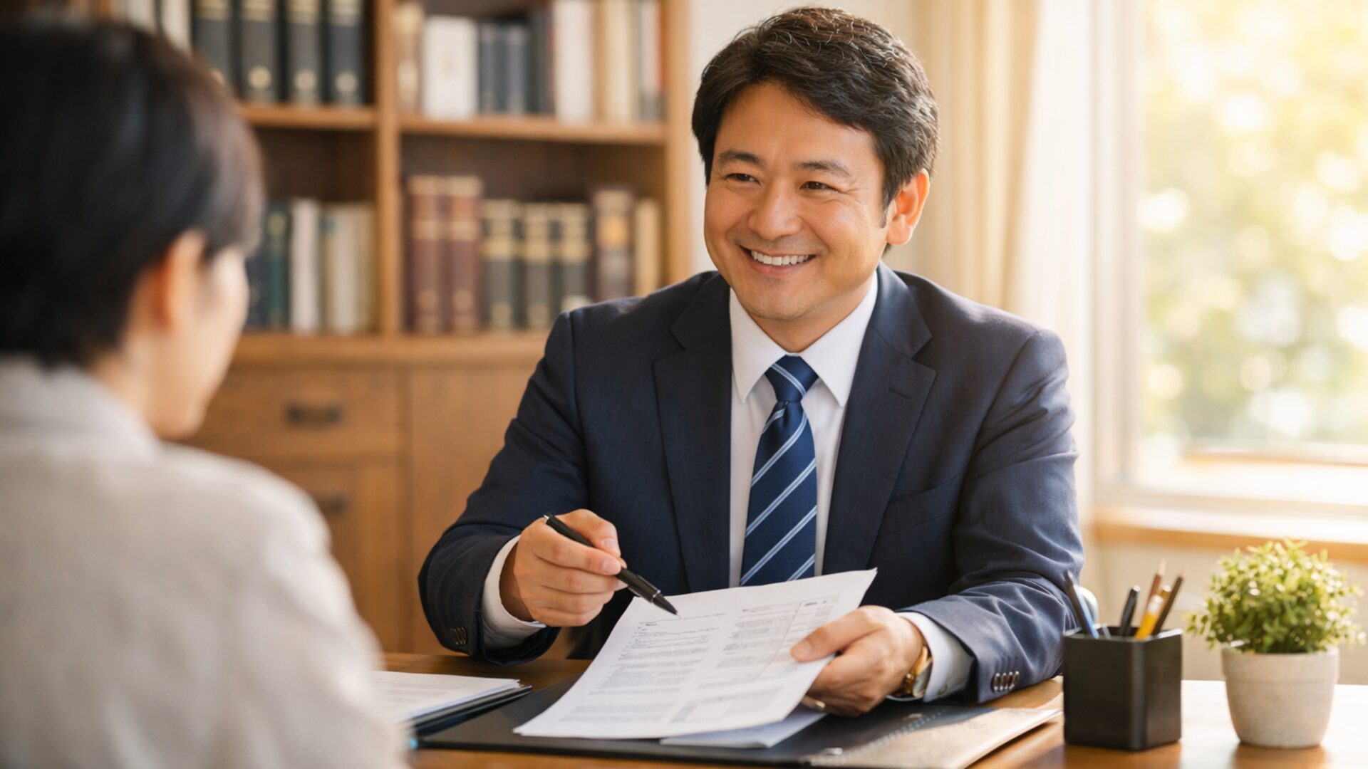 明るいオフィスで税理士が笑顔で相談対応している風景