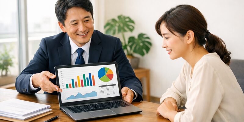PC画面を見せながら説明する税理士