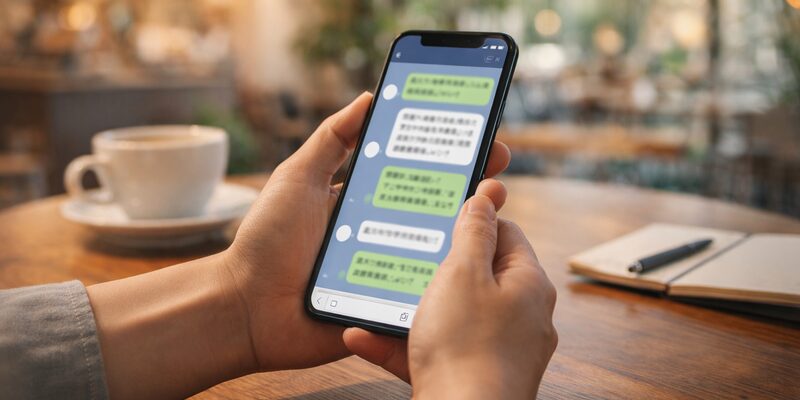 スマホでLINEを確認している手元