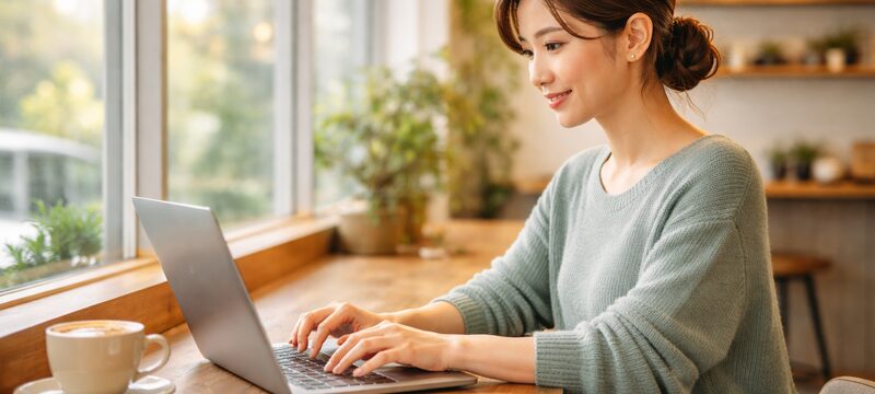 カフェでPC作業するフリーランサー