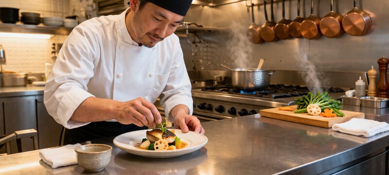 飲食店の厨房で料理する様子