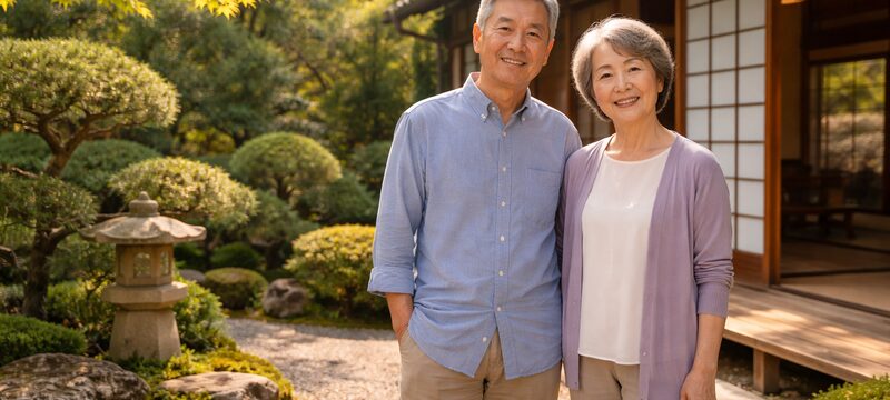 穏やかな年配夫婦が庭にいる様子