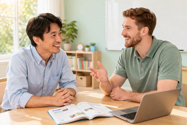 お父さんと講師がカジュアルに会話するレッスン