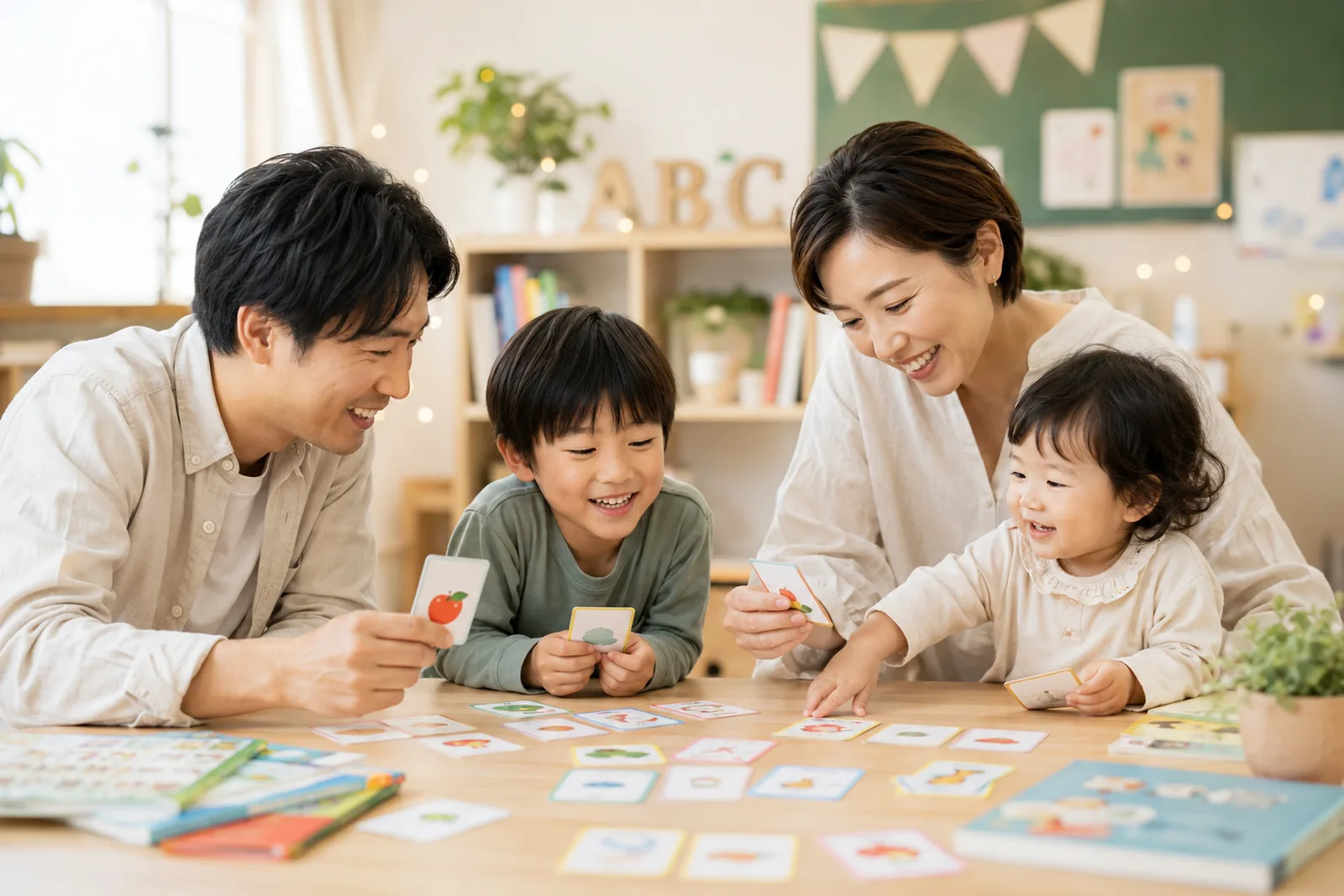 家族みんなで英語のカードゲームを楽しむ様子