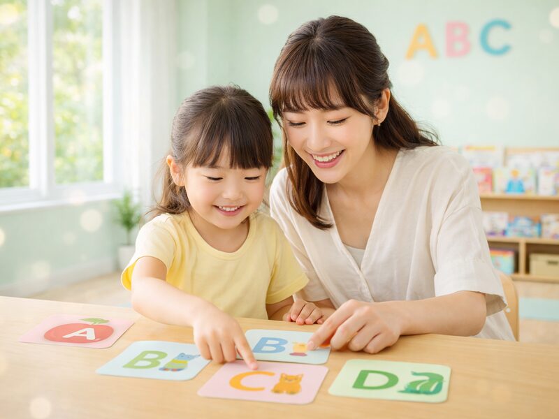 親子で笑顔の英会話レッスン風景
