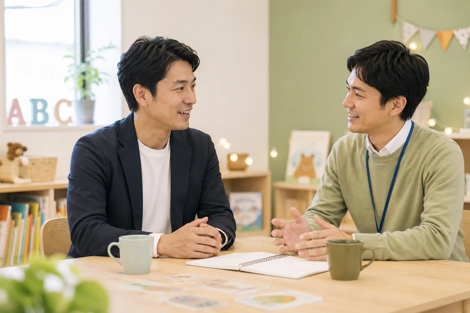 お父さんと男性講師がテーブルで英会話するレッスン