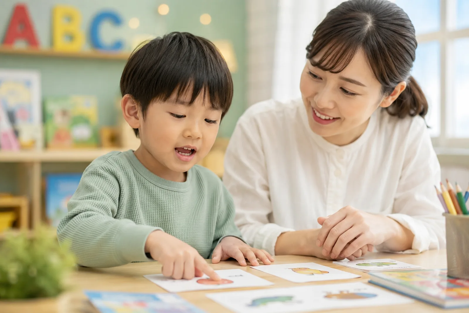 幼児がフォニックスカードを指さして発音するキッズレッスン