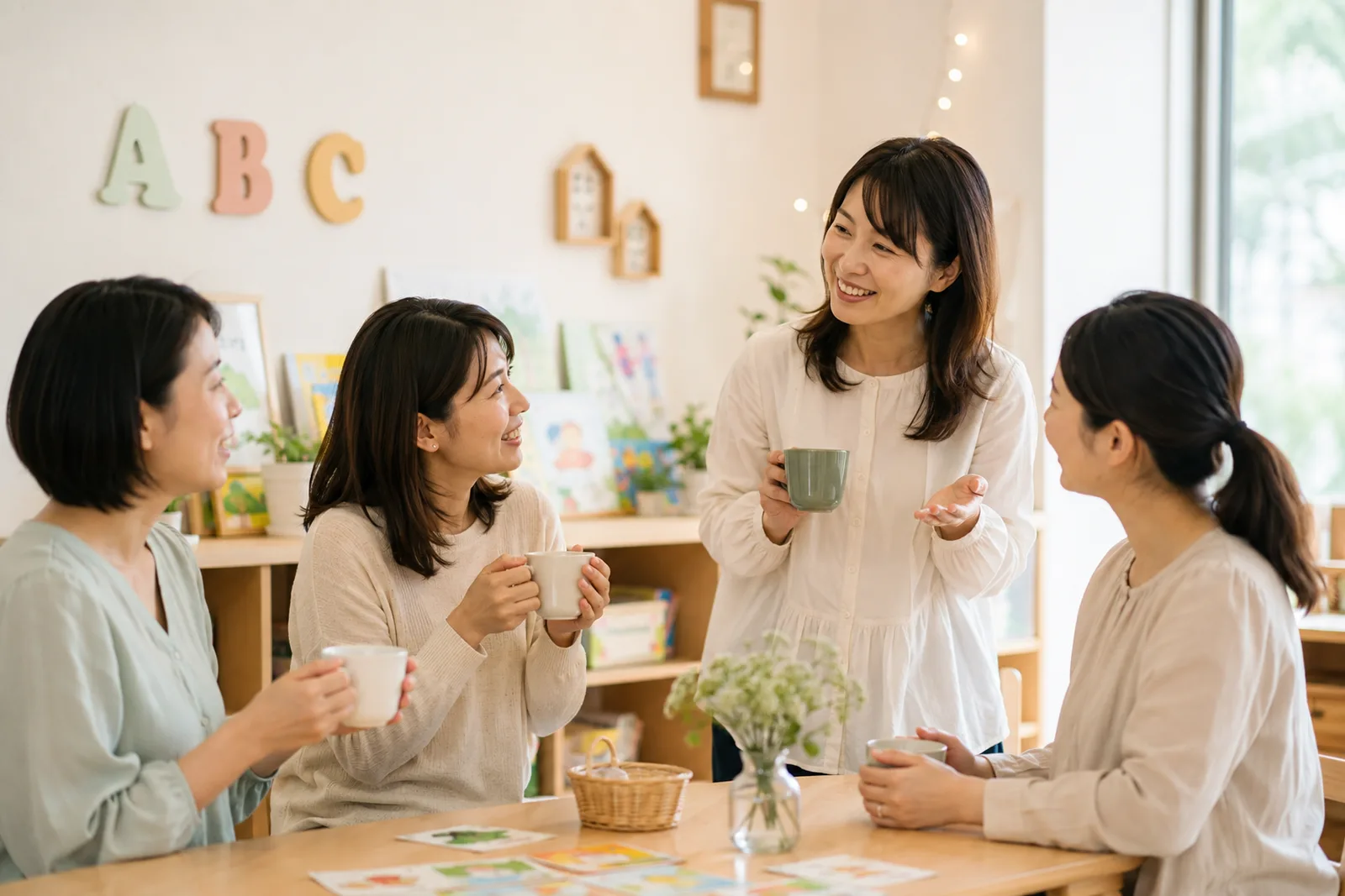 お母さんたちがティータイムに英会話を楽しむレッスン