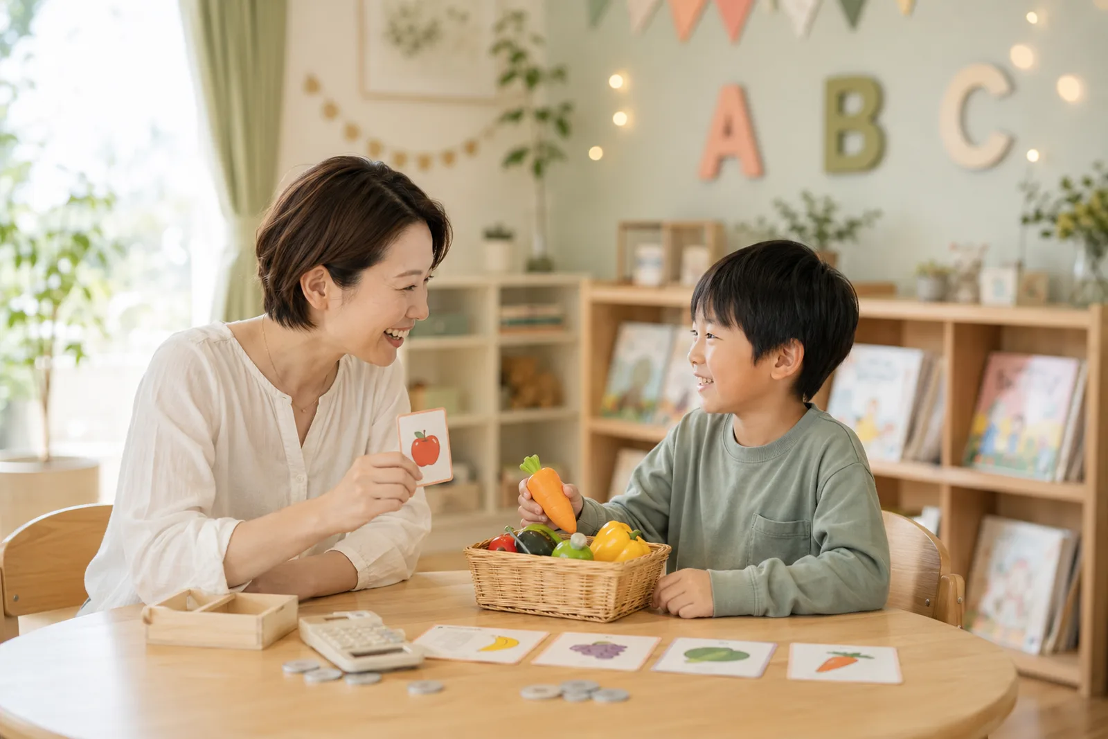親子で英語の買い物ごっこロールプレイをする様子
