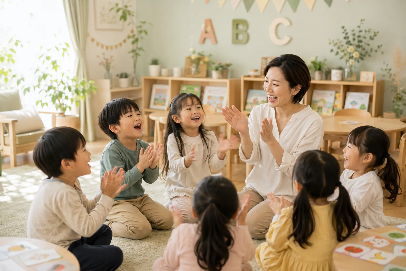 講師と子どもたちが輪になって英語の歌を歌う様子