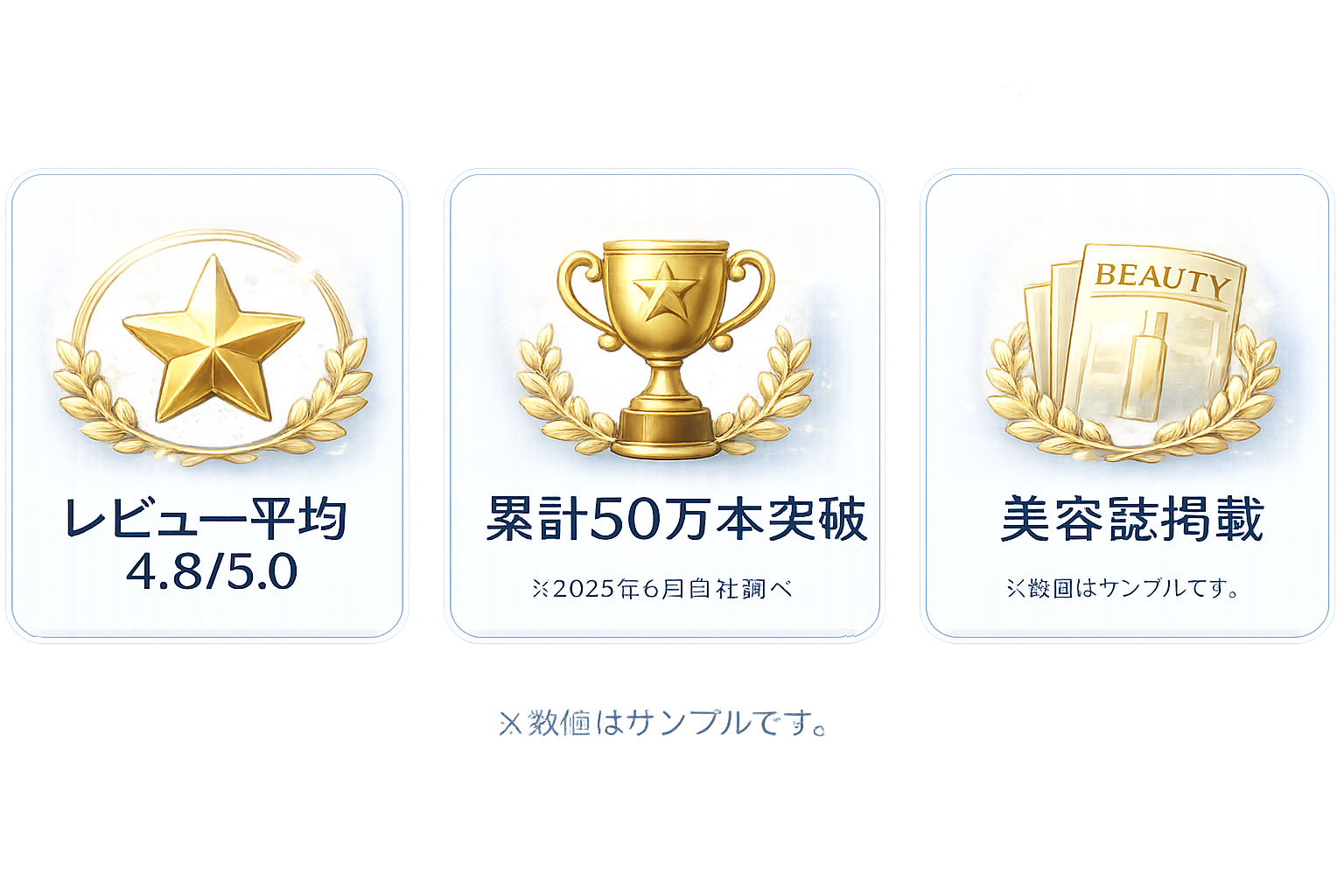 信頼情報：レビュー平均、累計販売本数、美容誌掲載